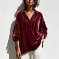 Burgundy velvet long sleeve blouse detail, V-neck with drawstring, loose casual fit shirt. - Burgundy