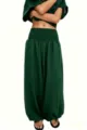 Detail van katoen linnen lantaarnbroek met hoge taille, groene wijde casual broek voor dames. - S / Bottoms / Groen