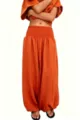 Ensemble pantalon harem et haut en coton lin taille haute smockée femme couleur unie. - Rouge Orangé