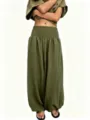 Pantalon lantern taille haute smocké vert olive, pantalon casual ample en coton et lin. - Vert Militaire