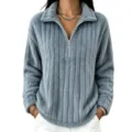 Felpa grigia a coste in peluche con mezza zip e maniche lunghe da donna, top comodo e caldo. - Celeste