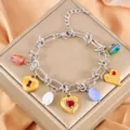 Edelstahl zweifarbig Charms Armband mit bunten Steinen und Herz Anhänger für Damen. - Roter Zirkon Herz