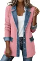 Blazer de mujer de manga larga de punto acanalado rosa con solapa y puños de mezclilla elegante - Rosa