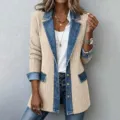 Chaqueta blazer elegante de mujer de punto y denim de manga larga ropa casual para diario. - Albaricoque