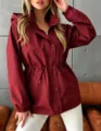 Women hooded waterproof jacket casual drawstring waist windbreaker outerwear for autumn - Red