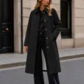 Elégant manteau trench long uni à revers simple boutonnage pour femme noir élégant - S / Hauts / Noir