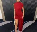 Detail view of the elegant red sleeveless ruched irregular hem bodycon dress close up view - Red