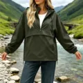 Women's solid color quarter zip hooded waterproof windbreaker jacket for outdoor casual wear. - S / Tops / Army Green