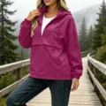 Femme décontractée demi-glissière à capuche anorak coupe-vent veste manteau extérieur - S / Hauts / Rose rouge