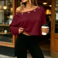 Casual solid color off shoulder top for women featuring trendy metal eyelets and long sleeves. - Burgundy