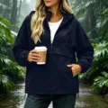 Femme imperméable veste coupe-vent à capuche unie fermeture éclair décontractée - S / Hauts / Bleu foncé