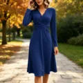 Robe Midi Femme Élégante Bleu Marine Col V Croisé Plissé Manches Longues Automne - S / Robes / Bleu