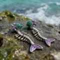 Vintage retro fish bone drop earrings with pearls and green enamel for women fashion jewelry. - Fish Bone Dangle Earrings / Silver