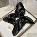 Black leather square scarf hair scrunchie detail view, elegant hair tie for women and girls. - Black