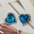 Vintage blue crystal heart earrings, retro silver metal geometric design, chic luxury jewelry. - Blue Heart Zirconia / Blue
