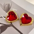 Vintage style red crystal heart earrings with chunky gold metallic irregular bezels for women. - Red Heart Zirconia / Red