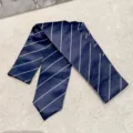 Detailed view of chic navy blue narrow necktie with white dotted diagonal stripes. - Navy Fine Stripe