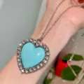 Retro blue heart rhinestone pendant necklace vintage Y2K sweater chain detail view - Blue Heart Necklace