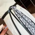 Women scarf belt accessory black leather waist chain with classic black and white paisley pattern. - Black