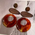 Exaggerated amber tortoiseshell hollow round wooden earrings, chic drop earrings for women. - Tortoiseshell Round Pendant