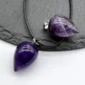 Natural crystal amethyst teardrop pendulum necklace with black cord pendant jewelry. - Amethyst