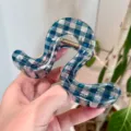 Blue plaid hair claw clip, chic minimalist design, stylish resin shark hair accessory for daily wear. - F Geometric Ji-Shape Hair Claw