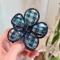 Blue plaid flower hair claw clip, chic minimalist design for elegant daily hairstyles. - A Blue Flower Style