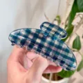 Blue plaid hair claw clip detail showcasing translucent resin material and strong metal spring. - C Semicircle Arc Hair Claw