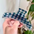Blue plaid hair claw clip detail showcasing elegant minimalist design for daily updos. - G Minimalist Hanger Style Hair Claw