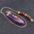 Natural crystal chakra pendulum necklace with metal chain and colorful stone beads for yoga. - Amethyst