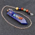 Natural crystal lapis lazuli stone chakra pendulum with metal chain and colorful healing beads. - Lapis Lazuli
