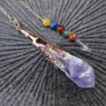Raw Amethyst Crystal Pendulum Necklace Natural Stone Chakra Copper Wire Wrapped Pendant - Pendant with Pendulum Tail / Bronze