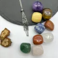 Stainless steel crystal net pocket necklace with various natural tumbled chakra stones set. - Silver with Nine Natural Stones