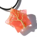 Pink crystal star pendant wire wrapped tree of life necklace on black cord jewelry detail - Synthetic Watermelon Crystal