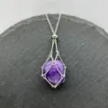 Stainless steel wire cage pendant necklace with natural purple crystal stone, adjustable size. - Silver - Amethyst