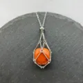 Stainless steel metal cage necklace featuring adjustable chain and natural crystal stone pendant. - Silver - Red Jasper