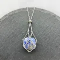 Stainless steel crystal stone cage pendant necklace with adjustable chain for daily wear - Silver - Blue Dot Stone