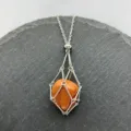Stainless steel net crystal necklace with orange stone pendant, adjustable chain design. - Silver - Red Goldstone
