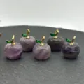 Amethyst crystal apple charms detail with gold stems and green leaves for DIY jewelry. - Amethyst