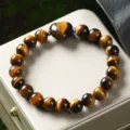 Natural tiger eye stone round bead bracelet with heart charm fashion couple jewelry - Tiger's Eye
