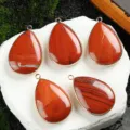 Natural red jasper teardrop gemstone pendant with gold plated rim for necklace DIY jewelry. - Red Jasper
