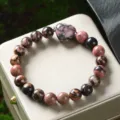 Natural stone beaded bracelet with heart pendant fashion crystal jewelry for women and couples. - Rhodonite