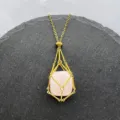 Gold stainless steel wire cage necklace with natural pink quartz crystal pendant jewelry item. - Gold - Rose Quartz