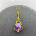 Stainless Steel Crystal Cage Pendant Necklace Gold Plated Adjustable Chain Purple Stone - Gold - Amethyst