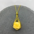 Medium 18K Gold Plated Stainless Steel Bamboo Joint Net Pocket Natural Crystal Pendant Necklace - Gold-Yellow Jade