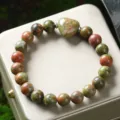 Natural unakite gemstone bead bracelet with heart charm fashion jewelry for women and men - Unakite