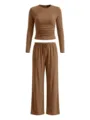 Casual long sleeve crop top and wide leg pants set in solid brown, cozy autumn outfit. - XS / Top And Bottom / Earth Yellow
