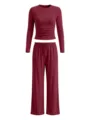 Burgundy long sleeve ruched top and wide leg pants set detail view, casual loungewear. - XS / Top And Bottom / Burgundy