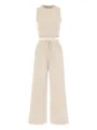 Beige ribbed two piece set for women featuring a crop tank top and high waist wide leg pants. - Apricot