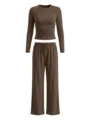 Brown long-sleeve crop top featuring side ruched details and matching wide-leg drawstring pants. - XS / Top And Bottom / Coffee Brown